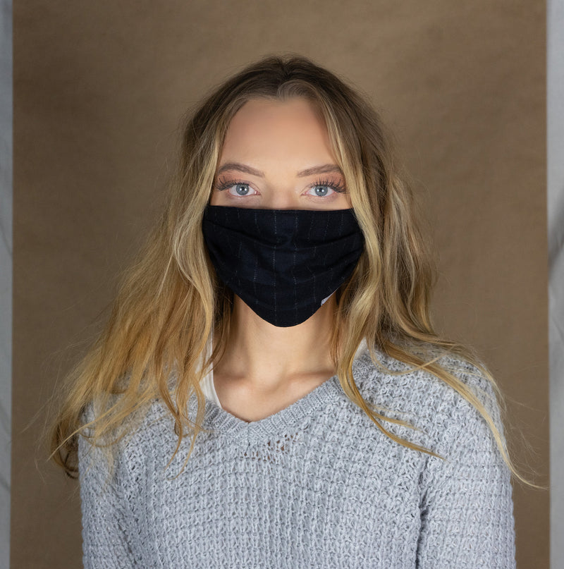 Adult unisex mask midnight blue cashmere and wool pinstripe
